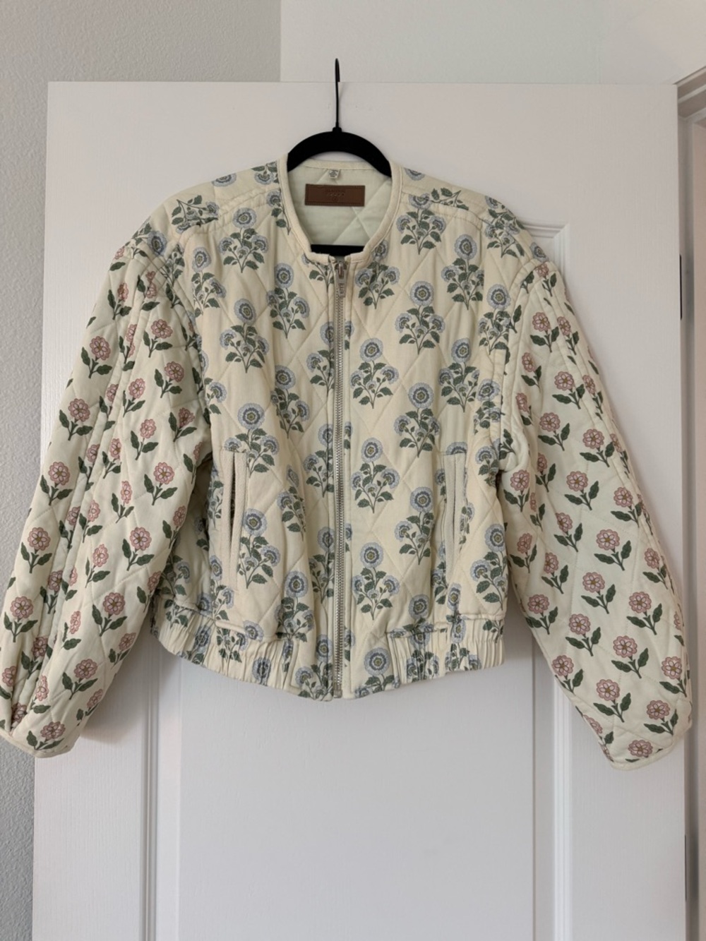 Blank NYC Quilted Floral Bomber Jacket in Cream with Pink & Blue Flowers